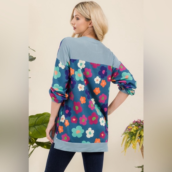 Celeste Side Slit Flower Print Long Sleeve Top - Picture 3 of 6